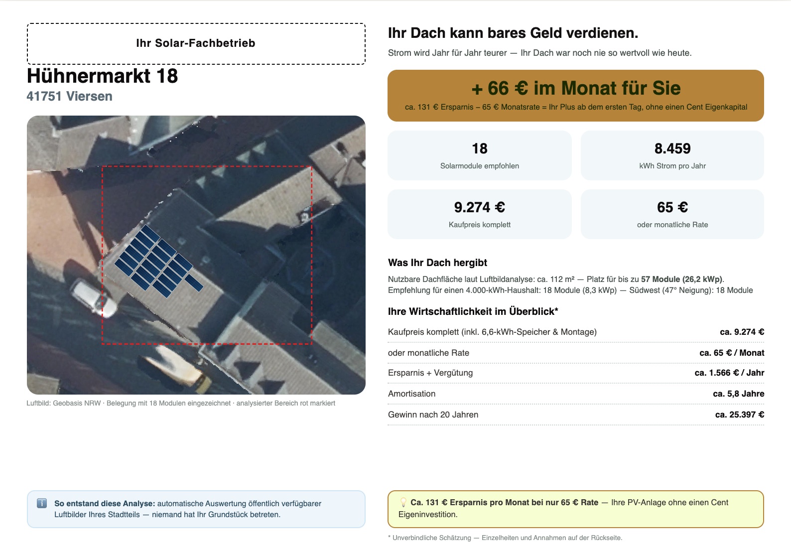 Beispiel-Flyer: Luftbild eines Hauses mit eingezeichneten Solarmodulen und Ertragsrechnung